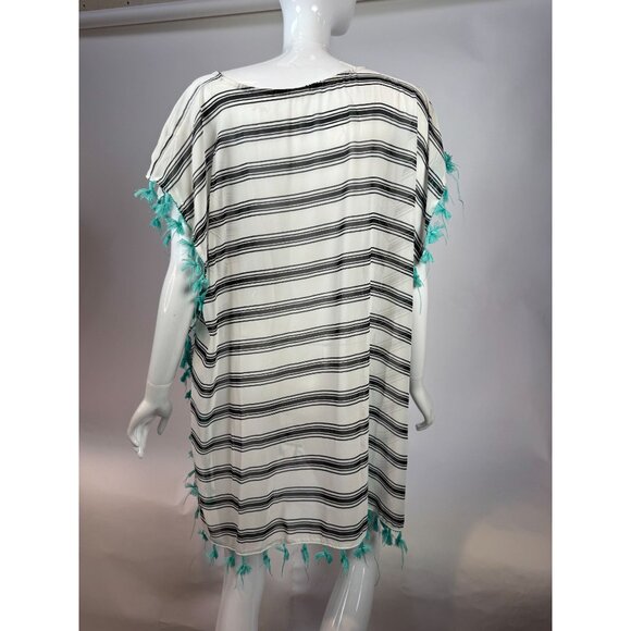 Black & White Striped Lightweight Kaftan With Tassels One Size 100% Polyester Wo - Picture 2 of 16